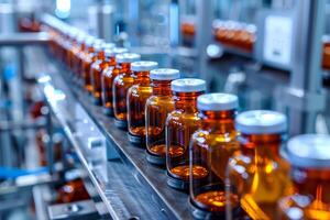 Bottles of medicine on a production line photo