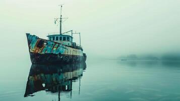 A boat floating on calm water during a misty day photo