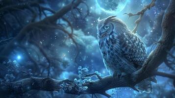 Majestic Owl Perched on Branch Under Full Moon in Magical Night Forest photo