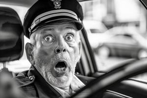 Man in a hat driving a car with a surprised look on his face photo