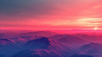 Stunning Sunset Over Serene Mountains with Vibrant Pink and Purple Hues in Calm Horizon photo