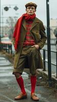 Stylish Young Man Wearing Red Scarf and Beret in Urban Setting photo