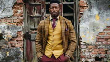 Stylish Man in Vintage Suit Standing in Front of a Rustic Building photo