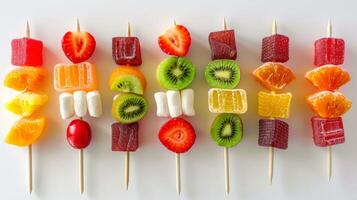 Colorful Assortment of Fruit and Candy Skewers on White Background photo