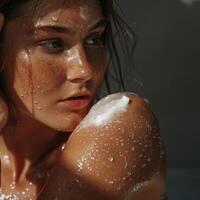 Refreshing Summer Portrait of a Young Woman with Water Droplets on Skin photo