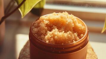 Golden Homemade Sugar Scrub in Small Jar Bathed in Sunlight photo
