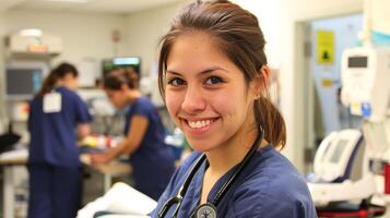Smiling Nurse in Modern Hospital Setting with Medical Staff in Background photo