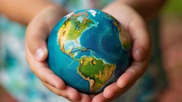 Hands Holding Earth Globe. Concept of Global Unity, Environment Protection and Sustainable Future photo