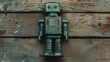 Vintage Robot Toy on Weathered Wooden Surface. Retro Nostalgia and Antique Collectible photo