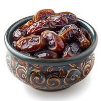 Bowl of pitted dates isolated on white background, top view photo