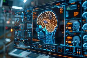 The human brain in front of the monitor in the laboratory. 3d rendering photo