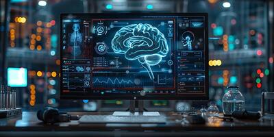 The human brain in front of the monitor in the laboratory. 3d rendering photo
