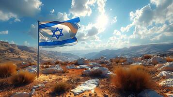 Israel flag waving in the wind against blue sky with clouds. 3d rendering photo