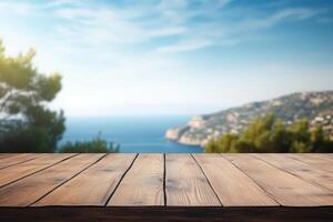 Summer Beach Getaway. Sunny Table Set against a Blue Ocean Background photo