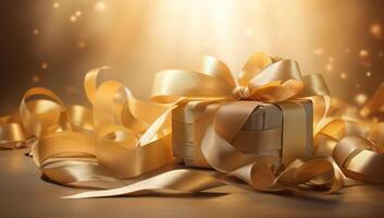 Shimmering Golden Gift Box. A Festive Celebration of Shining Surprises and Joy on a photo