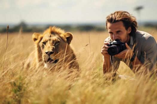 salvaje majestad. un poderoso masculino africano león observa turistas en el africano sabana foto