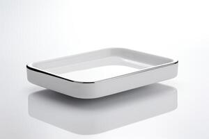 Clean, Modern White Ceramic Plate on Rectangular White Dishware Tray, Empty Background. photo
