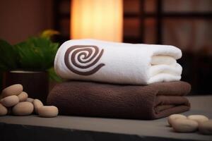 Soft Cotton Towel Stack on Wooden Table in Spa Room, Clean and Relaxing Spa and photo