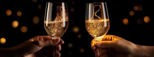 Festive Celebrations. Toasting with Glasses of Sparkling Champagne against a Dark photo