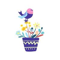 Isolated bird and colorful flowers in a blue pot in folk style vector