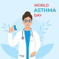 World Asthma Day. Doctor with Inhaler.Allergy, asthmatic. Concept of inhalation medicine. Bronchial asthma. vector