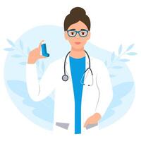Doctor with Inhaler.Allergy, asthmatic. World Asthma Day.Concept of inhalation medicine. Bronchial asthma. vector