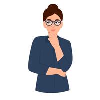 Woman with pensive expression.Girl searching solution making choice.Doubt and question concept. vector