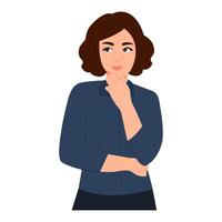 Woman with pensive expression.Girl searching solution making choice.Doubt and question concept. vector