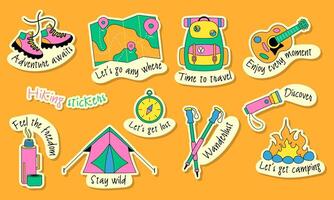 Trekking and Hiking Sticker Set with Motivational Text. Camping Stickers in Retro Style vector