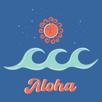 Summer travel destination. Boho Summer background. Groovy print with sunset. Retro style Sun face and waves. Aloha. Hand drawn flat style illustration. vector