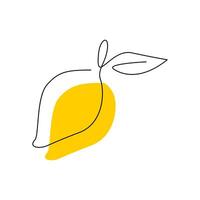 Lemon black contour drawing with abstract color spot. Acid fruit minimalist silhouette drawing style. Logo concept design in continuous one line art. Vitamin C hand drawn flat illustration vector