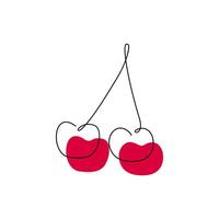 Cherries minimalist abstract continuous contour drawing style. Sweet red fruit logo concept design in one line art with color spot. Summer vitamin. Cherry hand drawn flat illustration isolated vector