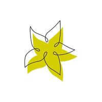 Carambola logo concept design with one line art style and color spot. Abstract exotic fruit drawing in continuous black stroke. Summer vitamin. Starfruit hand drawn simple flat illustration vector