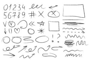 Charcoal or wax crayon doodles, on a white background. Numbers, inscriptions for school, design vector
