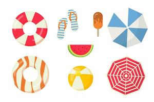 Summer beach set. Swimming lap, ball, flip flops, watermelon and ice cream. illustration isolated on white background vector