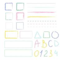 Colored numbers, letters, wax pencil frames, square drawings on white background. vector