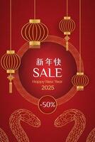 Discounts, sale red gold frame and lantern and snake and pattern on background Chinese New Year 2025 template vector