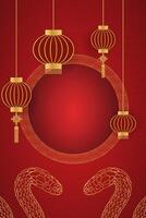 Red gold frame and lantern and snake and pattern on background Chinese New Year 2025 template, greeting card, banner, poster vector