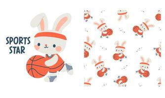 set for printing on children's products. Cute hare playing basketball, white rabbit with ball. Seamless pattern for printing vector