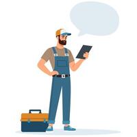 Flat illustration. Man plumber in uniform standing and holding tablet, next to toolboxa speech bubble, a place for your text. white background vector