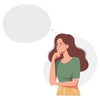 A girl in a pensive pose, thinking about something. A speech bubble for your text. Flat illustration on white background vector