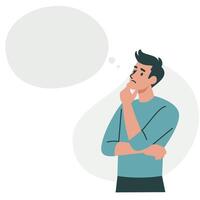 Flat illustration. Young man thinking about something, pensive pose. Speech bubble and space for your text vector