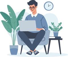 Flat illustration. Young man working at home at the computer. Concept of work from home and remote work vector