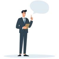A man in a business suit is holding a clipboard and saying something, a speech bubble for your text. Flat illustration, white background vector