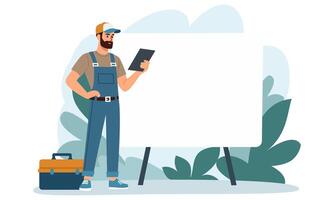 A male plumber is holding a tablet and giving a presentation. Large banner and empty space for your text, flat illustration vector