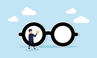 Clear business vision detailed focus through lenses and a clean outlook, concept of Miniature worker cleans huge eyeglass lenses for owner to gain clear vision vector