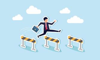 Winning in business overcoming obstacles, solving problems, and leading to success, concept of Confident businessman leaps over three hurdles to become the winner vector