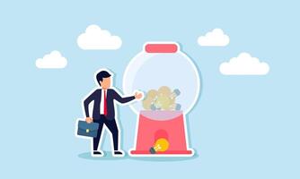 Business ideas creativity, startup, entrepreneurship, and innovation light bulb symbol, concept of Smart businessman with many ideas stands by a gumball machine of lightbulbs vector
