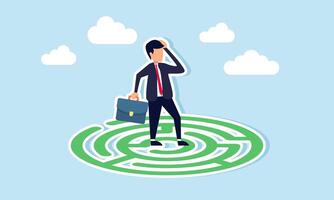 Solving complex business problems to overcome challenges and achieve success, concept of Confused businessman in maze, searching for the exit or way out vector