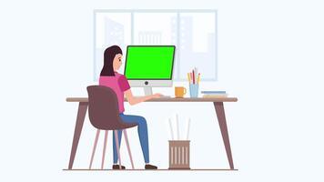 Designer Girl Working on Green Screen Computer 2D Animation video